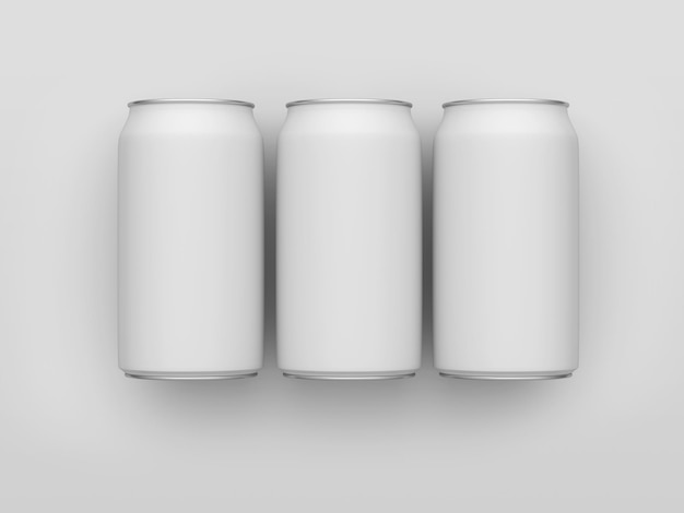 Photo three white cans of soda sit on a white background.