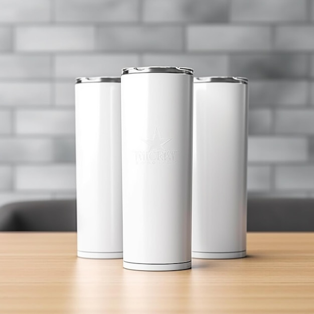 three white cans on a table with a gray wall in the background generative ai