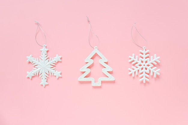 Three white christmas decoration snowflake, tree toy. Concept Merry christmas Happy new year