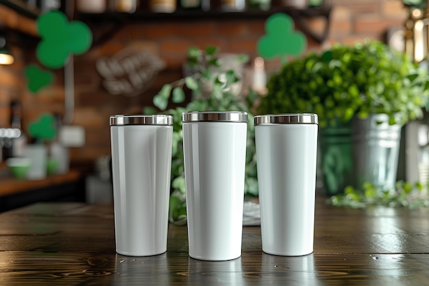 Three white cups on a table