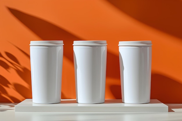 Three white cups on a white table