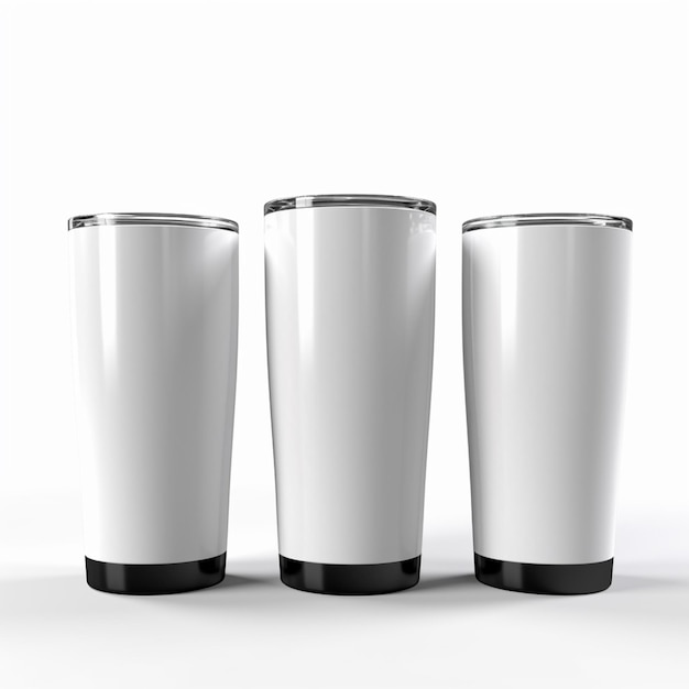 Three white cups with black rims are lined up on a white surface generative ai