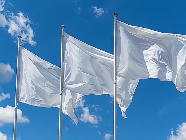 Three white flags are flying in the wind