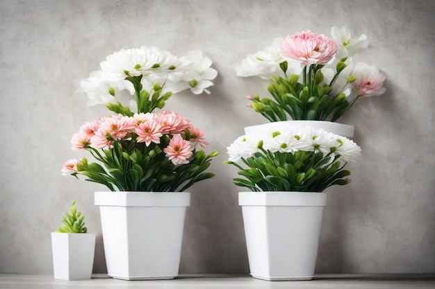 three white flower pots with pink flowers in them