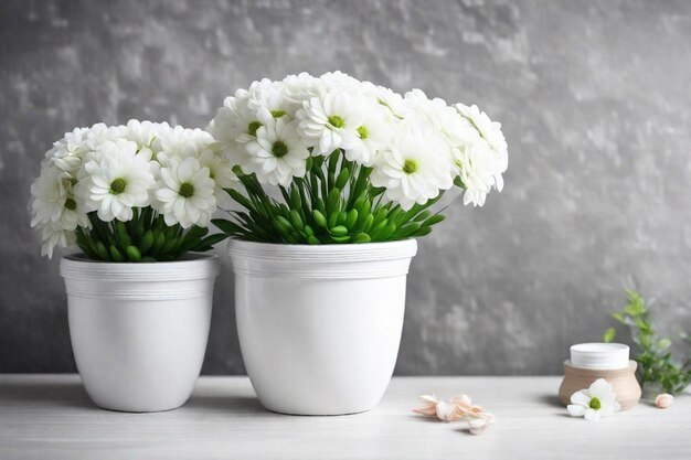 Photo three white flower pots with white flowers on a table