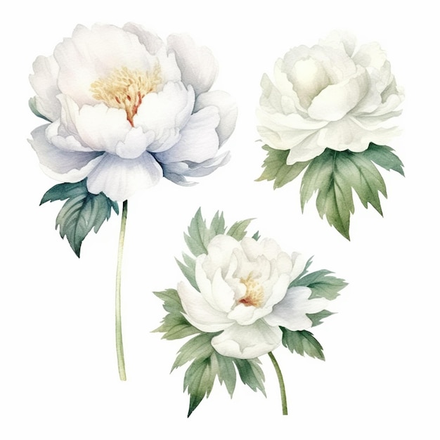 Three white flowers with green leaves on a white background generative ai