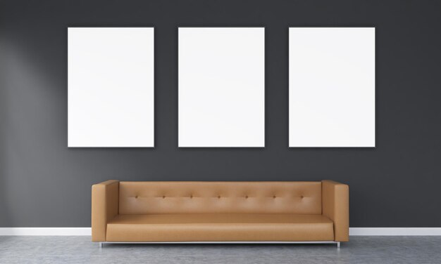 Photo three white frames brown sofa