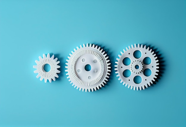 Three white gears or cogwheels on blue background with copy space modern minimal management team process or industry concept templateGenerative AI