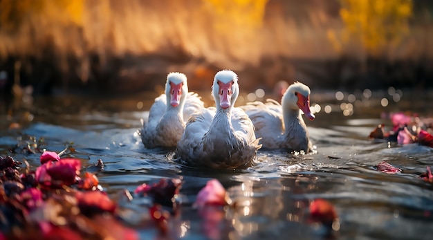 Three White Geese are swimming in the water one of them has a red beak