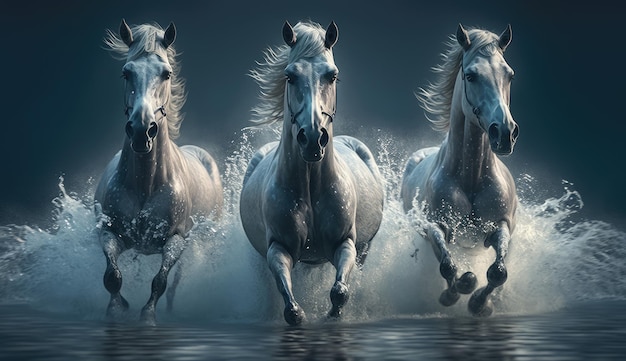 Three white horses running in the water