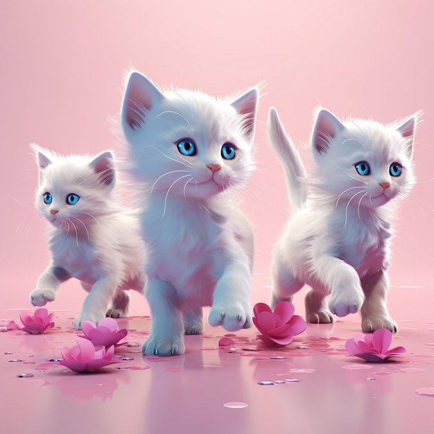 Three white kittens are walking in a line with pink petals generative ai