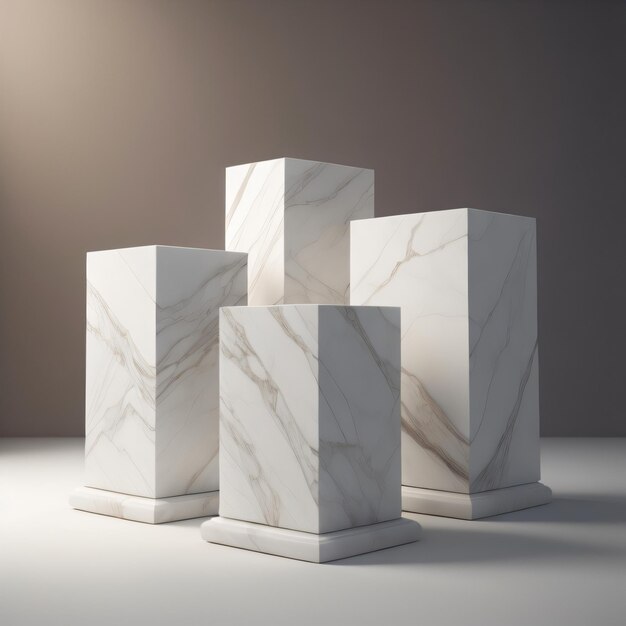 Three white marbled blocks are displayed in a room with a light on the wall.