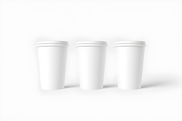 Три белые бумажные стаканчики, изолированные на белом фоне