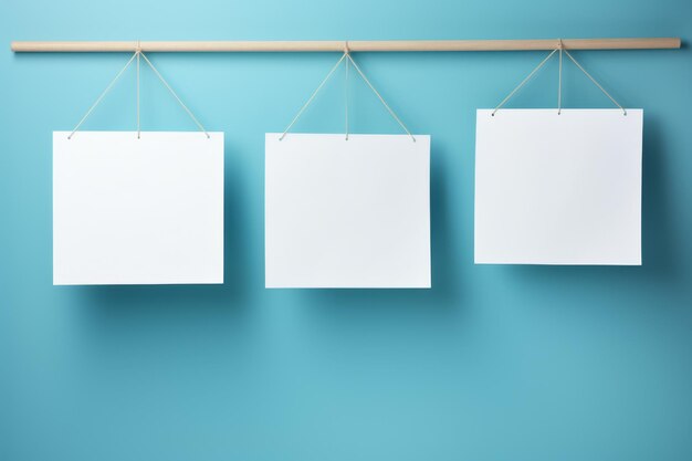 Photo three white papers hanging from blue wall