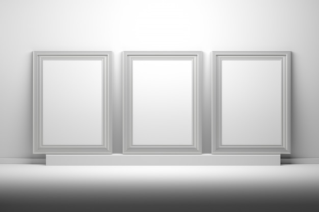 Three white picture frames for presentation mockups with blank copy space standing on pedestal. 