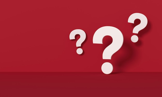 Three white question marks in front of a red wall background