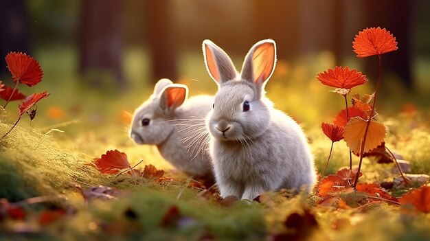 Three white rabbits and red flowers
