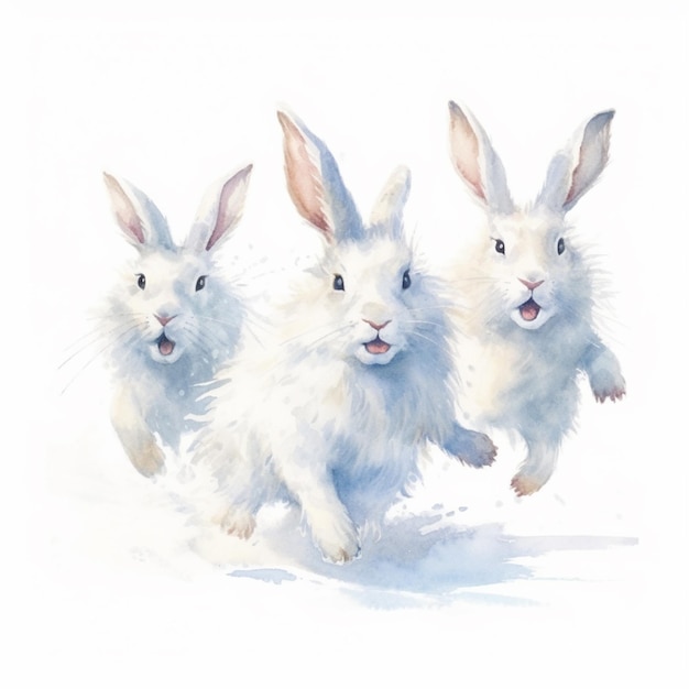 Three white rabbits running in the snow with their heads turned generative ai