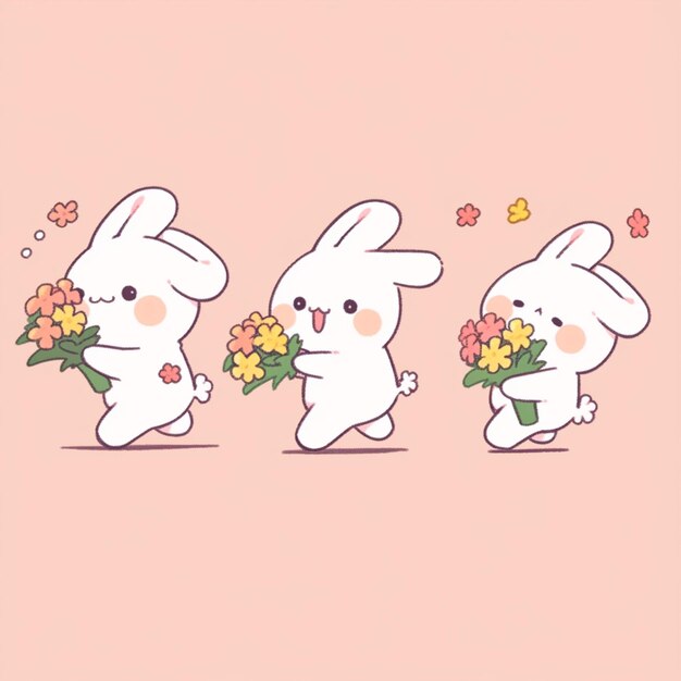 사진 손에 꽃을 들고 흰 토끼 세 마리와 그 위로 날아다니는 나비 생성 ai
