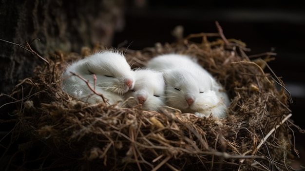 Three white rats in a nest