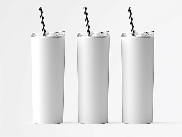 three White Skinny Tumbler Mockup Designs with straw Cylind White background HD Photo Isolated white