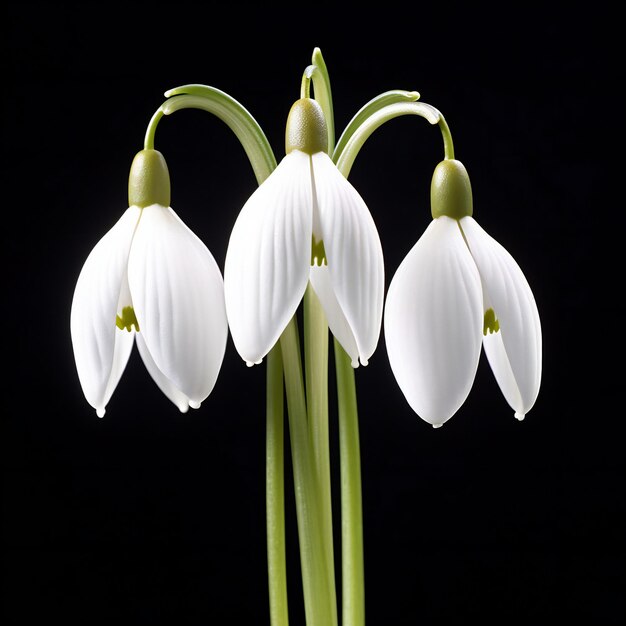 Three white snowdrops on a black background Shallow depth of field