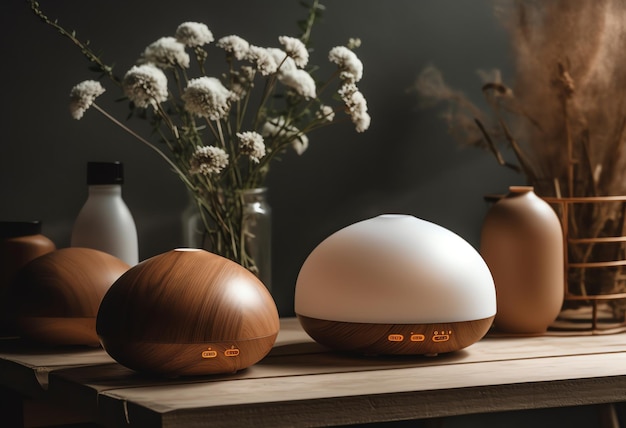 Three white speakers on a table with a vase of flowers in the background.