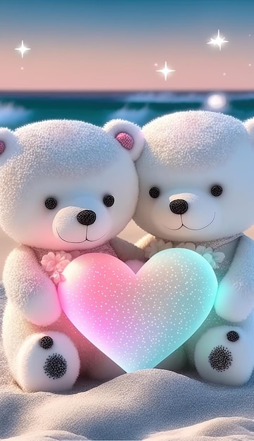 three white teddy bears with one pink heart and one pink heart