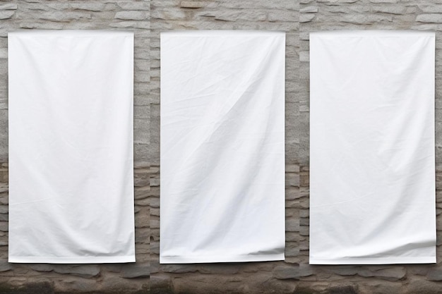 three white towels hanging on a stone wall