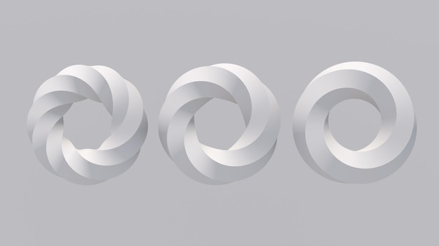 Photo three white twisted circle shapes white background abstract illustration 3d render