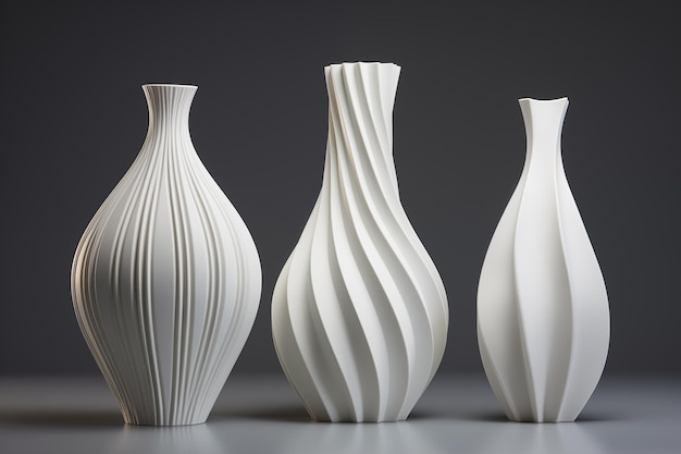 Three White Vase On Grey Background