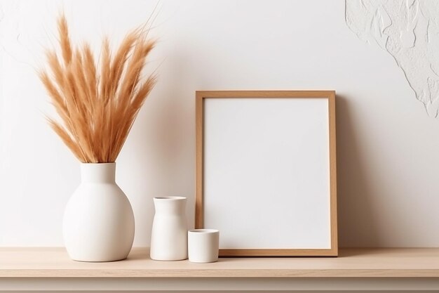 three white vases on a shelf with a picture frame and a picture of a wheat.