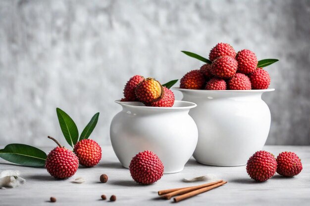 three white vases with a bunch of berries on them