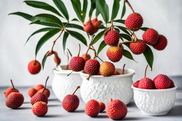 three white vases with a plant and some strawberries on them