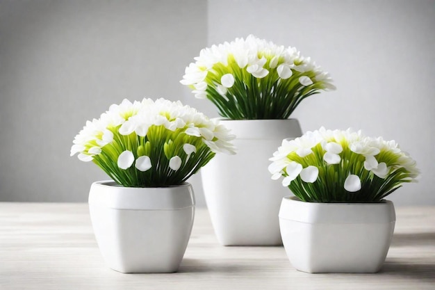 Photo three white vases with white flowers and green leaves