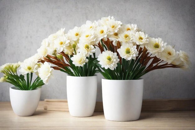 three white vases with white flowers in them one of which has the number 3 on them