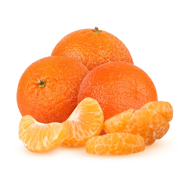 Three whole and peeled Mandarin segments