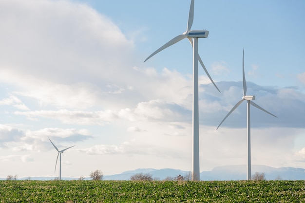 Фото Три ветряные турбины стоят в поле.