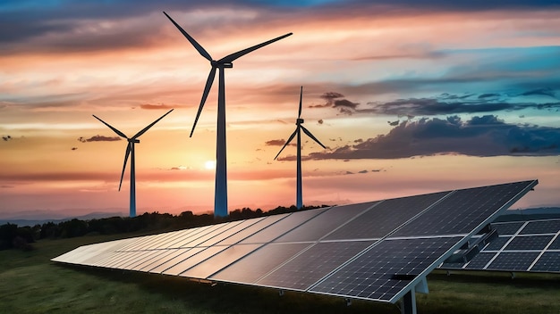 Three wind turbines and solar panel