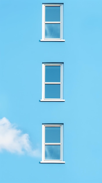 three windows with a sky background and a cloud