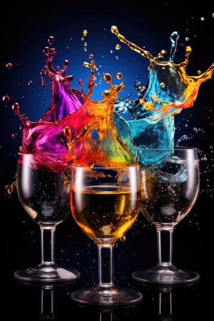 Foto tre bicchieri di vino con liquido colorato in loro uno dei quali è un bicchiere di shot