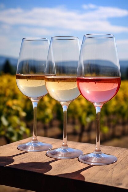 Foto tre bicchieri di vino con diversi colori di vino in loro