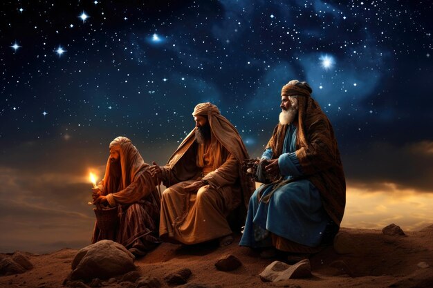 The Three Wise Men carry gifts through the desert guided by the stars Christmas concept