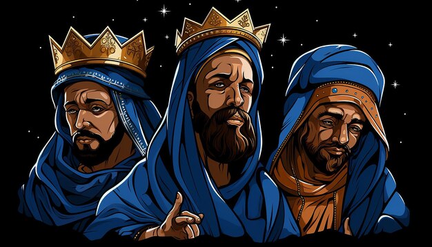 The three wise men from the east visited baby jesus in the background a night with stars full bod