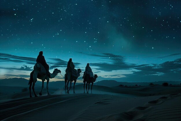 Photo three wise men riding with camels on the desert starry night