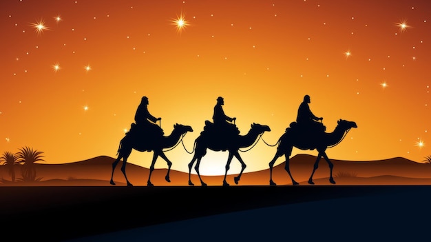 Three wise men in their journey to bethlehem following the stars