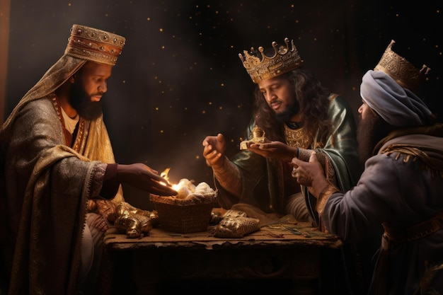 Three Wise Men with their precious gifts of gold frankincense and myrrh