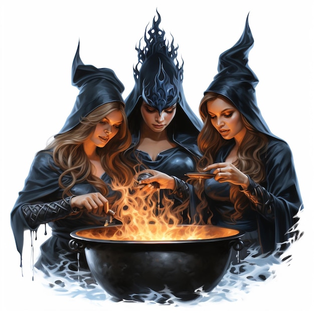 three witches are preparing a cauld with fire in a cauld generative ai