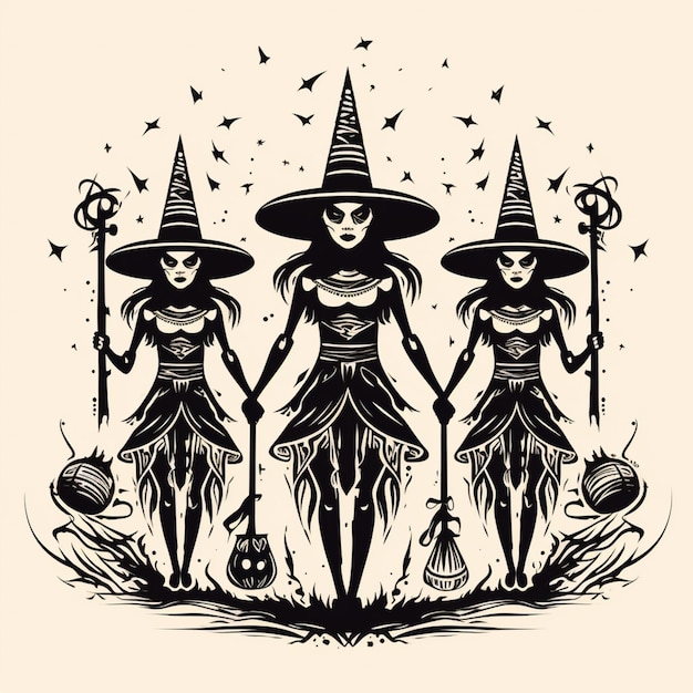 Photo three witches with brooms and hats on their heads generative ai