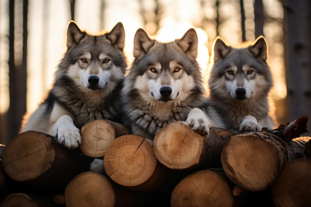 three wolf dogs sitting on top of a pile of logs